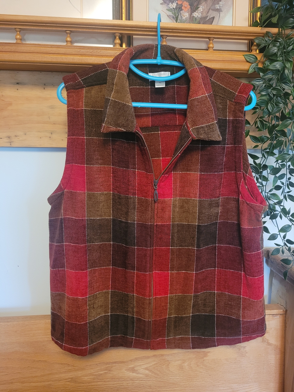 Christopher & Banks Plaid Zip-Front Vest in Red, Brown & Olive